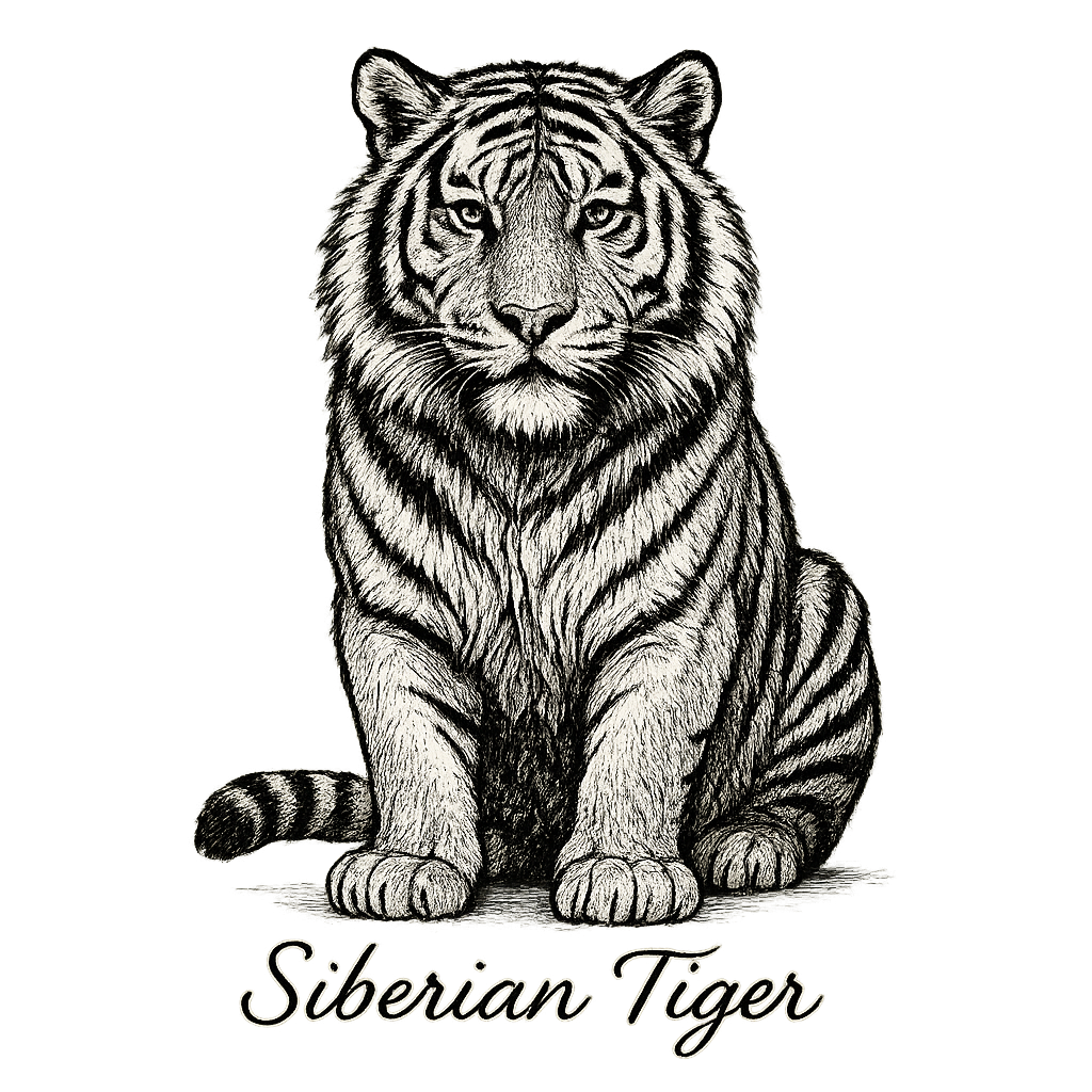 A flat, neutral graphic of a powerful sketch of a siberian tiger with thick fur and distinctive striping. “siberian tiger” is written below in elegant handwriting. detailed ink illustration on a white background. - a t-shirt design