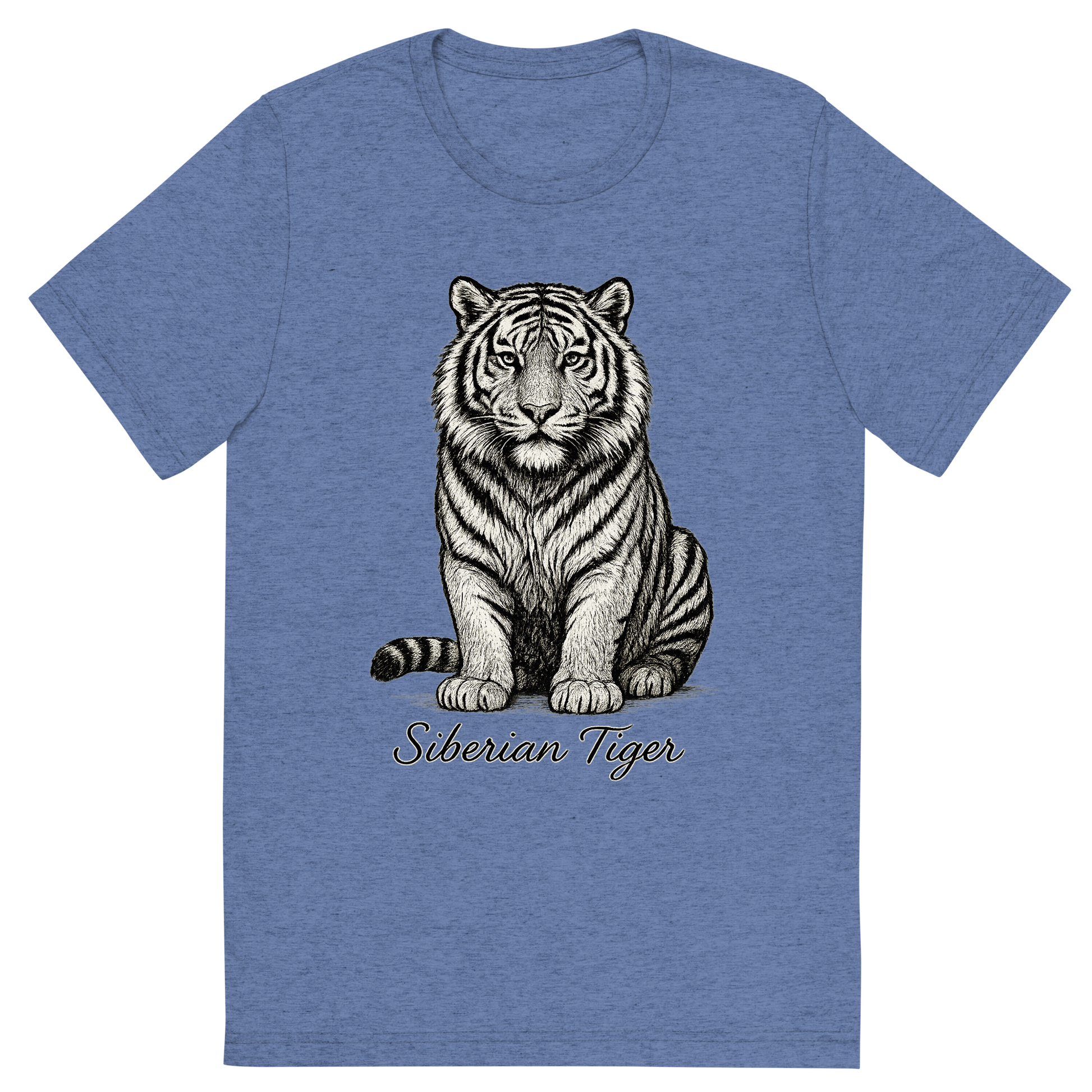 Front view of a Premium Tri-Blend Crew Neck T-Shirt in Blue showing 'A flat, neutral graphic of a powerful sketch of a siberian tiger with thick fur and distinctive striping. “siberian tiger” is written below in elegant handwriting. detailed ink illustration on a white background.'