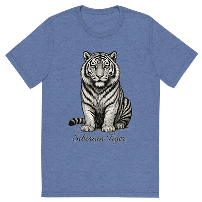 Front view of a Premium Tri-Blend Crew Neck T-Shirt in Blue showing 'A flat, neutral graphic of a powerful sketch of a siberian tiger with thick fur and distinctive striping. “siberian tiger” is written below in elegant handwriting. detailed ink illustration on a white background.'