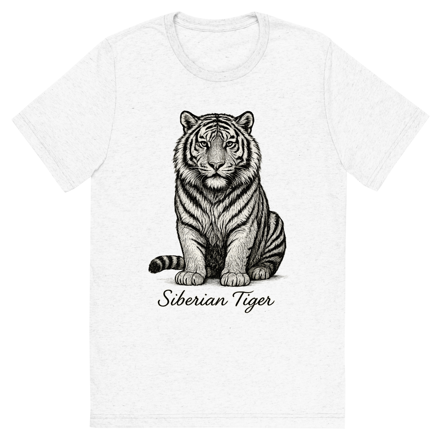 Front view of a Premium Tri-Blend Crew Neck T-Shirt in Solid White showing 'A flat, neutral graphic of a powerful sketch of a siberian tiger with thick fur and distinctive striping. “siberian tiger” is written below in elegant handwriting. detailed ink illustration on a white background.'