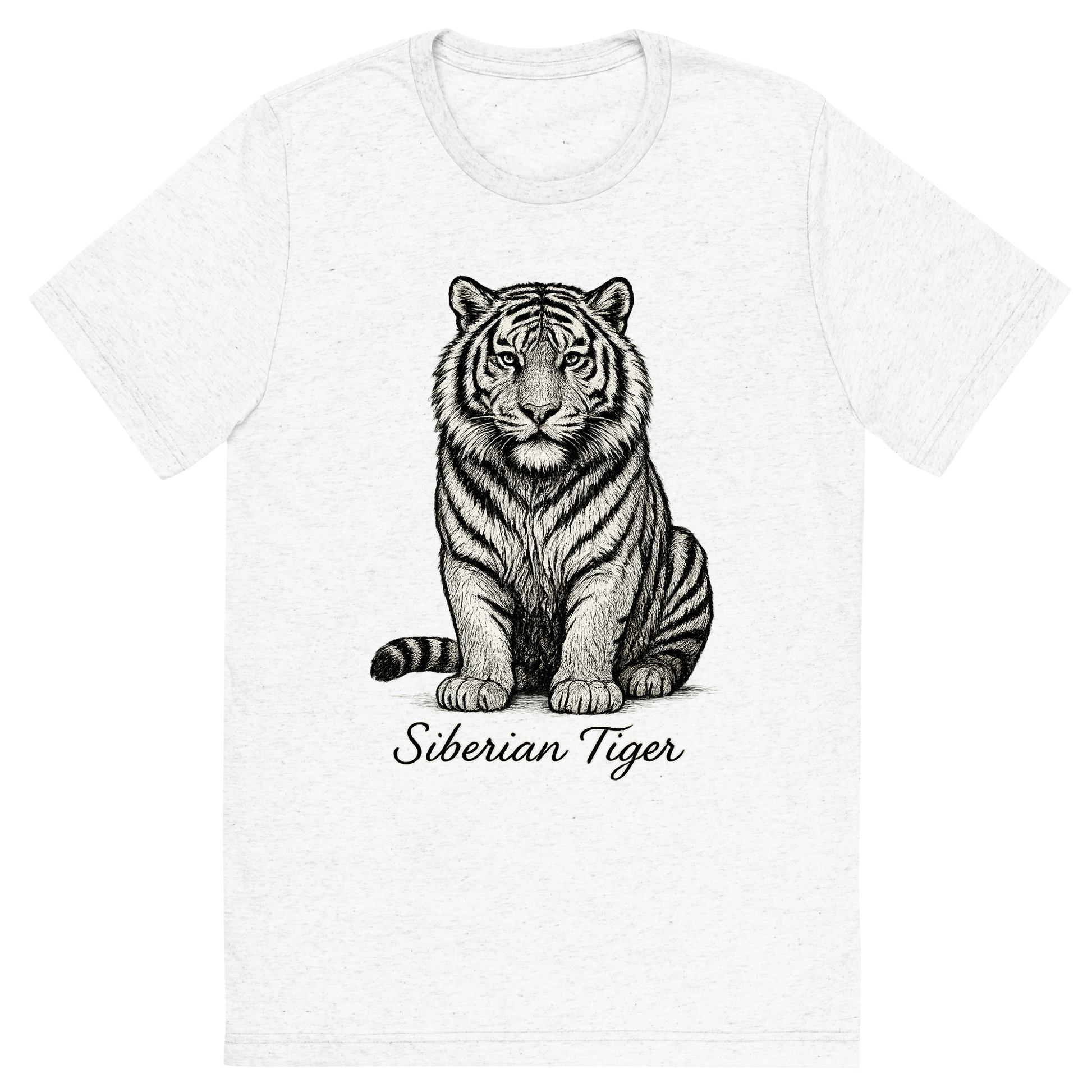 Front view of a Premium Tri-Blend Crew Neck T-Shirt in Solid White showing 'A flat, neutral graphic of a powerful sketch of a siberian tiger with thick fur and distinctive striping. “siberian tiger” is written below in elegant handwriting. detailed ink illustration on a white background.'