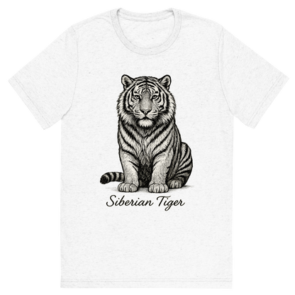 Front view of a Premium Tri-Blend Crew Neck T-Shirt in Solid White showing 'A flat, neutral graphic of a powerful sketch of a siberian tiger with thick fur and distinctive striping. “siberian tiger” is written below in elegant handwriting. detailed ink illustration on a white background.'