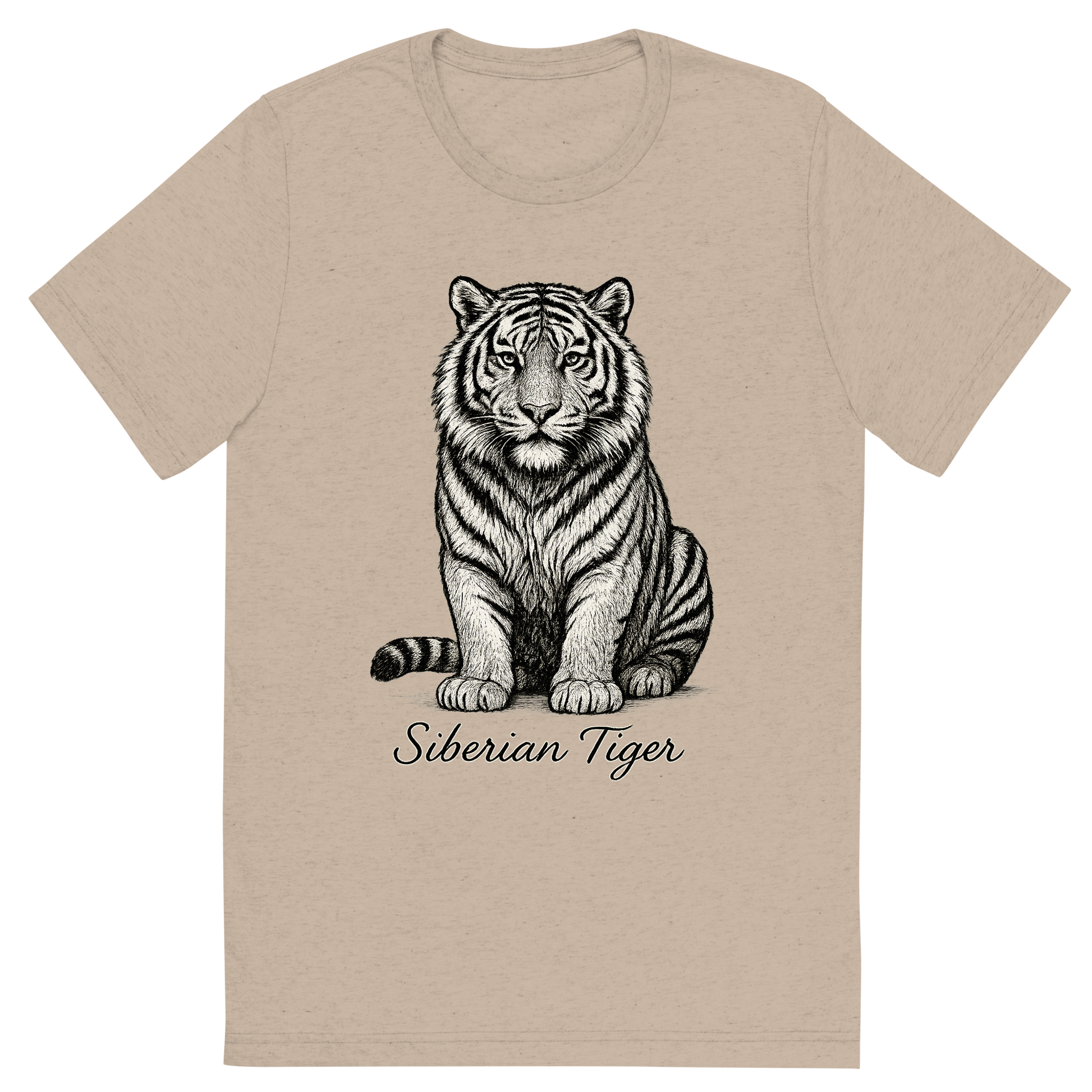 Front view of a Premium Tri-Blend Crew Neck T-Shirt in Tan showing 'A flat, neutral graphic of a powerful sketch of a siberian tiger with thick fur and distinctive striping. “siberian tiger” is written below in elegant handwriting. detailed ink illustration on a white background.'