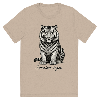 Front view of a Premium Tri-Blend Crew Neck T-Shirt in Tan showing 'A flat, neutral graphic of a powerful sketch of a siberian tiger with thick fur and distinctive striping. “siberian tiger” is written below in elegant handwriting. detailed ink illustration on a white background.'