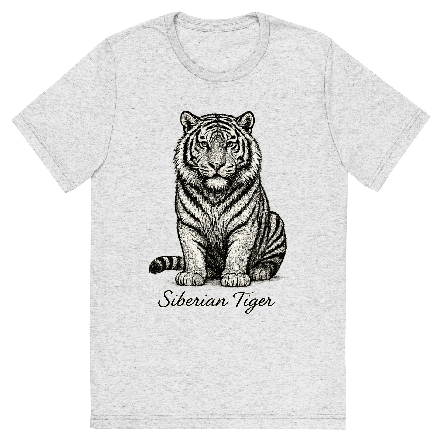 Front view of a Premium Tri-Blend Crew Neck T-Shirt in White Fleck showing 'A flat, neutral graphic of a powerful sketch of a siberian tiger with thick fur and distinctive striping. “siberian tiger” is written below in elegant handwriting. detailed ink illustration on a white background.'