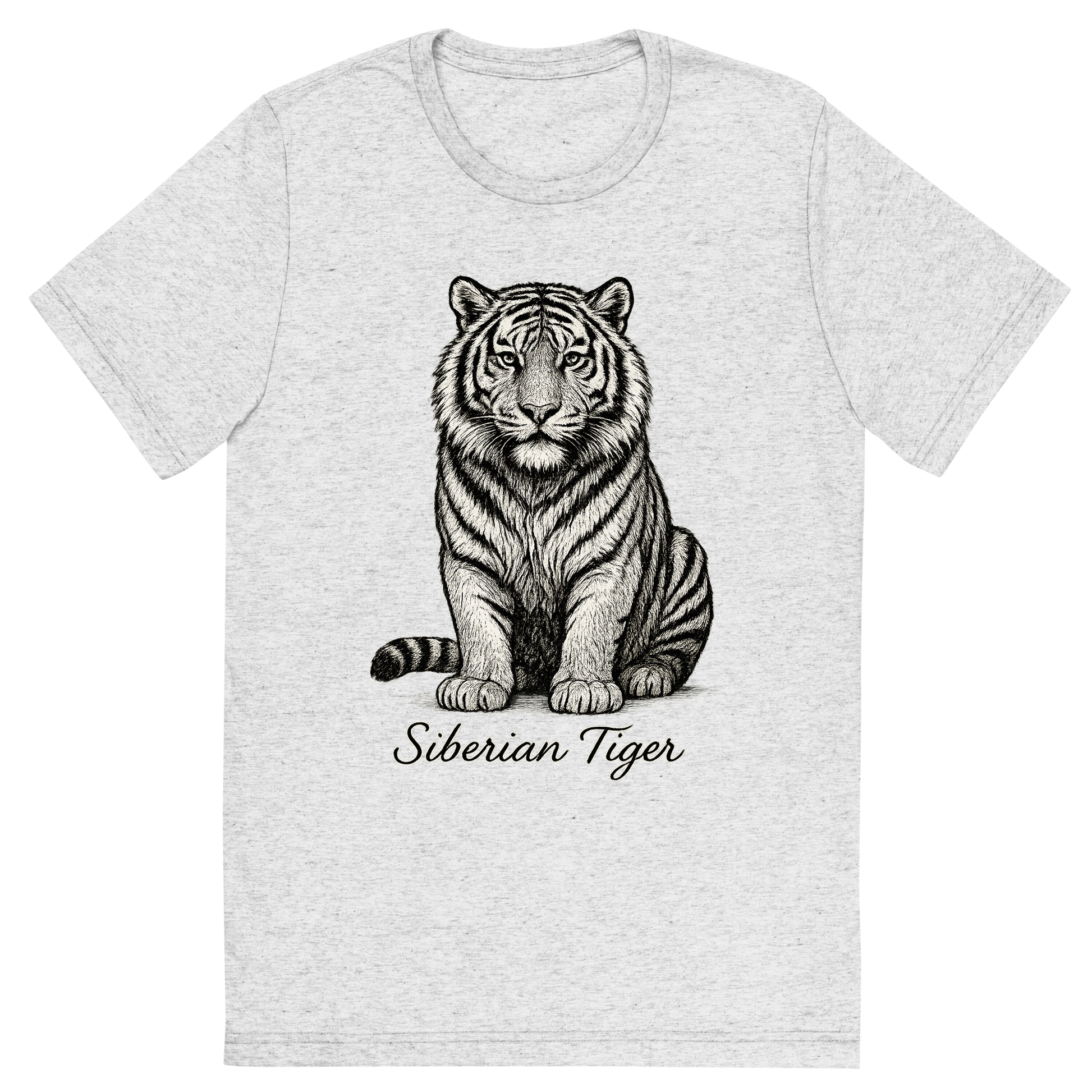 Front view of a Premium Tri-Blend Crew Neck T-Shirt in White Fleck showing 'A flat, neutral graphic of a powerful sketch of a siberian tiger with thick fur and distinctive striping. “siberian tiger” is written below in elegant handwriting. detailed ink illustration on a white background.'