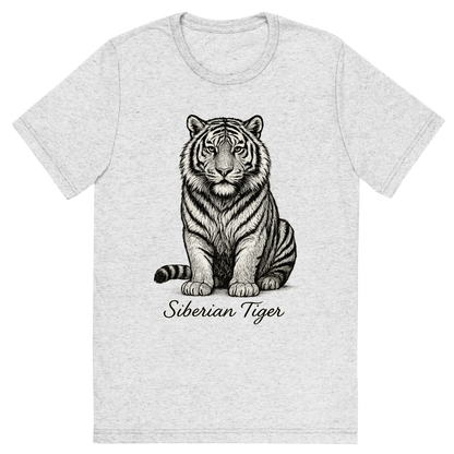 Front view of a Premium Tri-Blend Crew Neck T-Shirt in White Fleck showing 'A flat, neutral graphic of a powerful sketch of a siberian tiger with thick fur and distinctive striping. “siberian tiger” is written below in elegant handwriting. detailed ink illustration on a white background.'