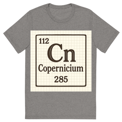 Front view of a Premium Tri-Blend Crew Neck T-Shirt in Grey showing 'A line art, nostalgic graphic of copernicium's entry on the periodic table, use a dark color for the lines and text'