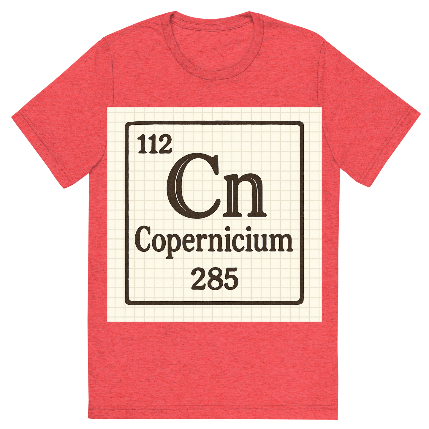 Front view of a Premium Tri-Blend Crew Neck T-Shirt in Red showing 'A line art, nostalgic graphic of copernicium's entry on the periodic table, use a dark color for the lines and text'