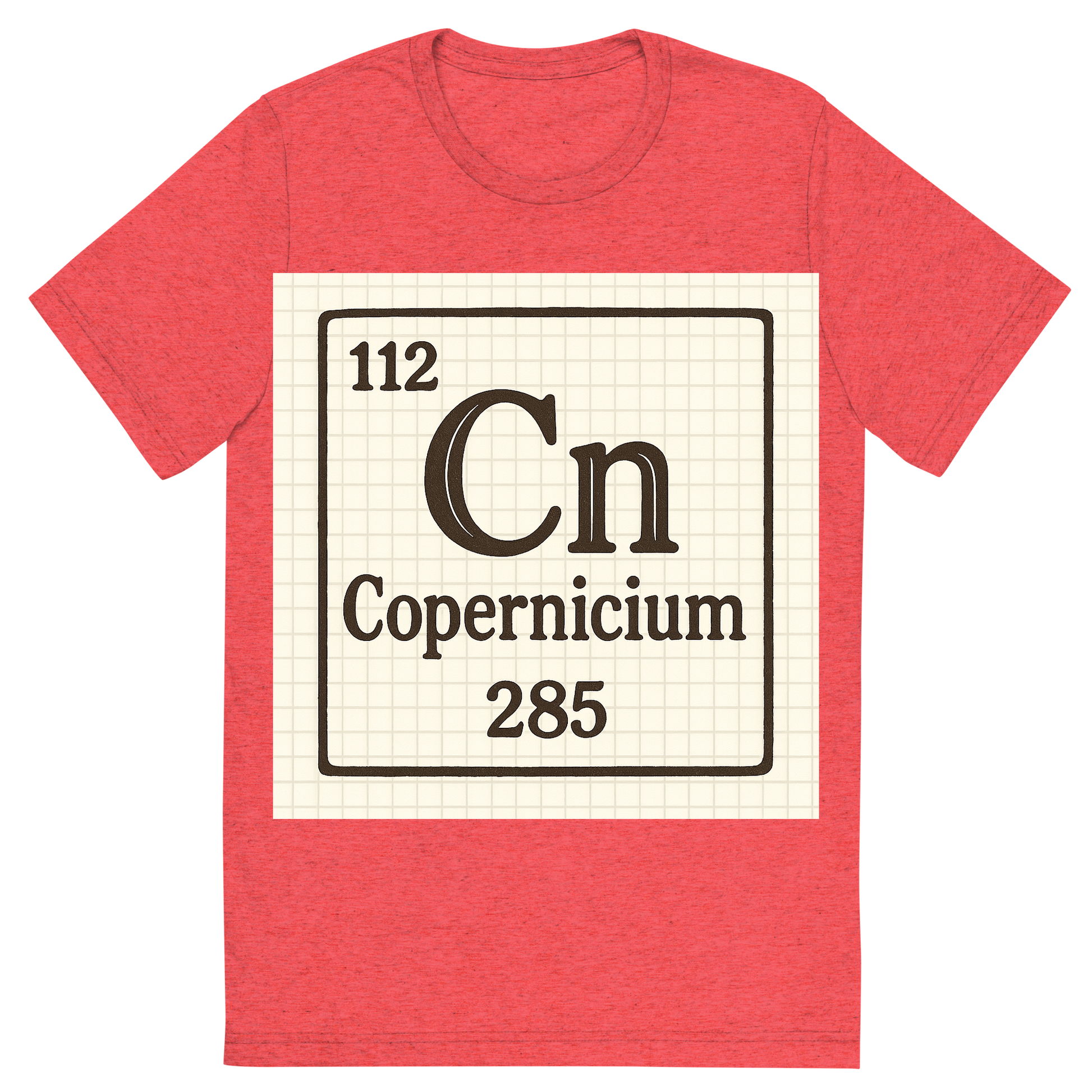 Front view of a Premium Tri-Blend Crew Neck T-Shirt in Red showing 'A line art, nostalgic graphic of copernicium's entry on the periodic table, use a dark color for the lines and text'