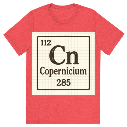 Front view of a Premium Tri-Blend Crew Neck T-Shirt in Red showing 'A line art, nostalgic graphic of copernicium's entry on the periodic table, use a dark color for the lines and text'