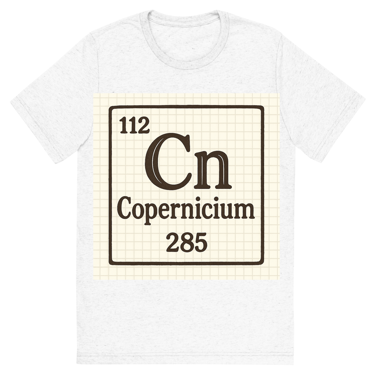Front view of a Premium Tri-Blend Crew Neck T-Shirt in Solid White showing 'A line art, nostalgic graphic of copernicium's entry on the periodic table, use a dark color for the lines and text'
