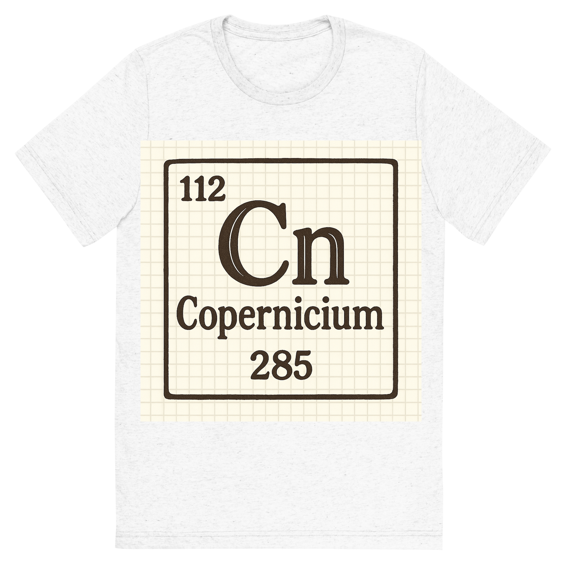 Front view of a Premium Tri-Blend Crew Neck T-Shirt in Solid White showing 'A line art, nostalgic graphic of copernicium's entry on the periodic table, use a dark color for the lines and text'