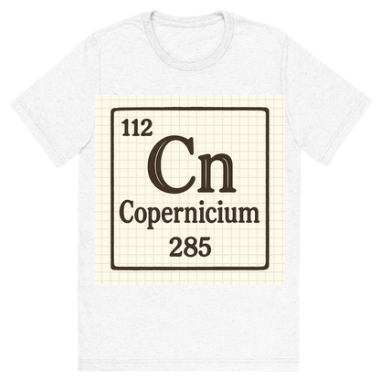 Front view of a Premium Tri-Blend Crew Neck T-Shirt in Solid White showing 'A line art, nostalgic graphic of copernicium's entry on the periodic table, use a dark color for the lines and text'