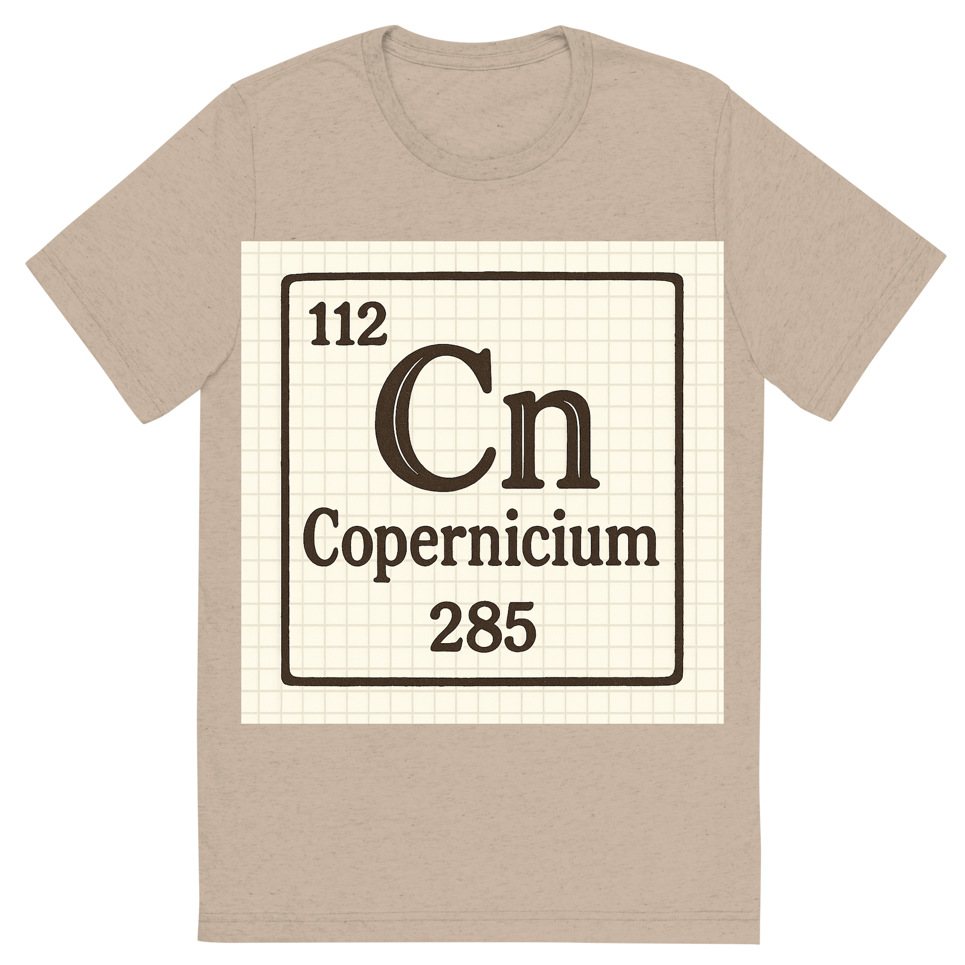 Front view of a Premium Tri-Blend Crew Neck T-Shirt in Tan showing 'A line art, nostalgic graphic of copernicium's entry on the periodic table, use a dark color for the lines and text'