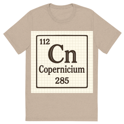 Front view of a Premium Tri-Blend Crew Neck T-Shirt in Tan showing 'A line art, nostalgic graphic of copernicium's entry on the periodic table, use a dark color for the lines and text'