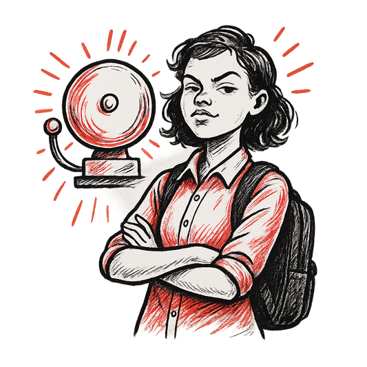 A hand-drawn ink with pop color, sassy graphic of a confident student standing arms crossed in front of a ringing bell with the phrase “the bell doesn’t dismiss me” in bold serif text. centered composition, transparent background, hand-drawn ink and red accent. dtg optimized. - a t-shirt design