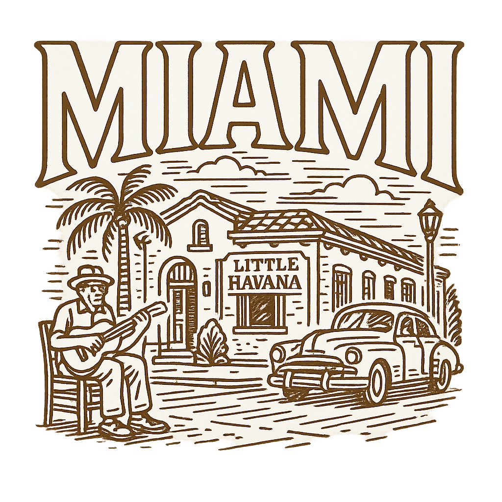 A typographic, nostalgic graphic of a typographic illustration of the words 'miami' with a vintage line art drawing of little havana – a t-shirt design