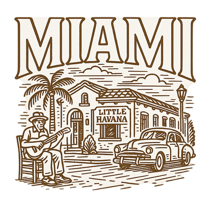A typographic, nostalgic graphic of a typographic illustration of the words 'miami' with a vintage line art drawing of little havana – a t-shirt design