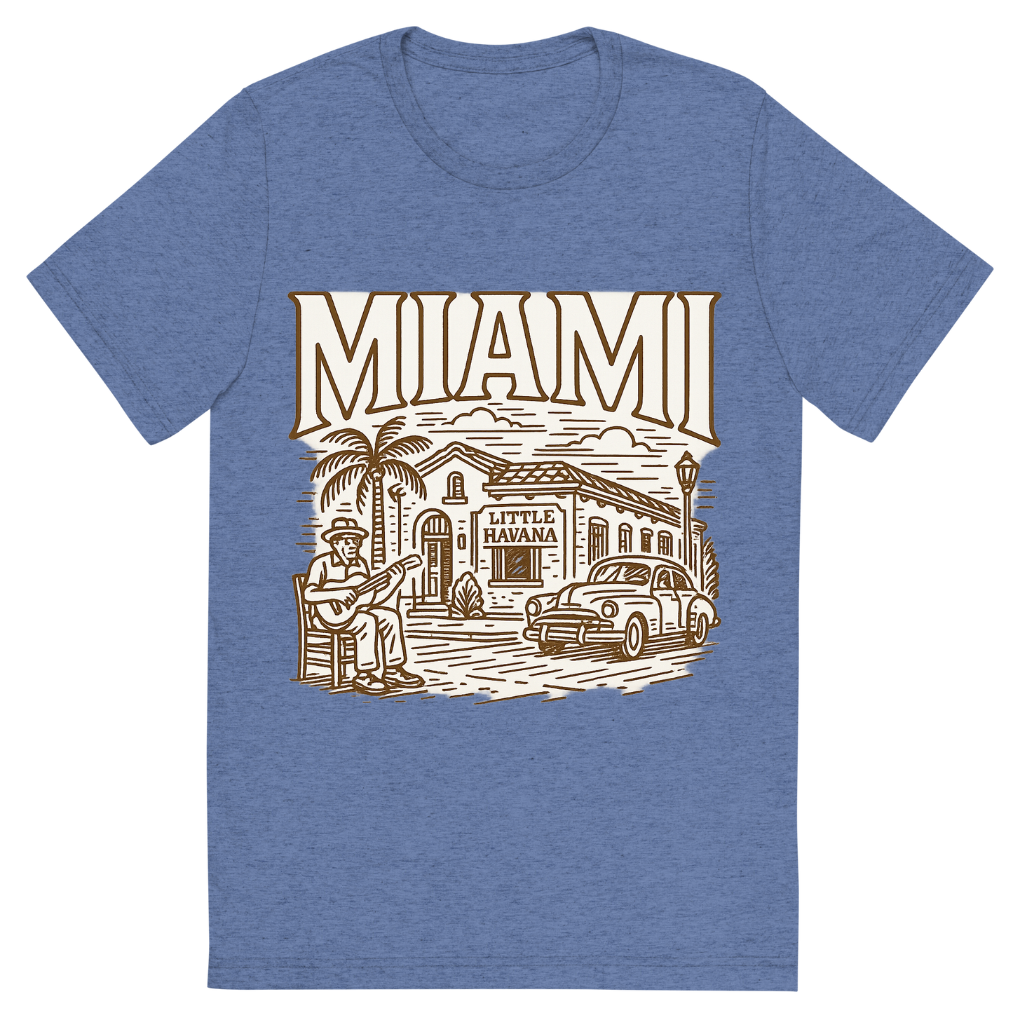Front view of a Premium Tri-Blend Crew Neck T-Shirt in Blue showing 'A typographic, nostalgic graphic of a typographic illustration of the words 'miami' with a vintage line art drawing of little havana'