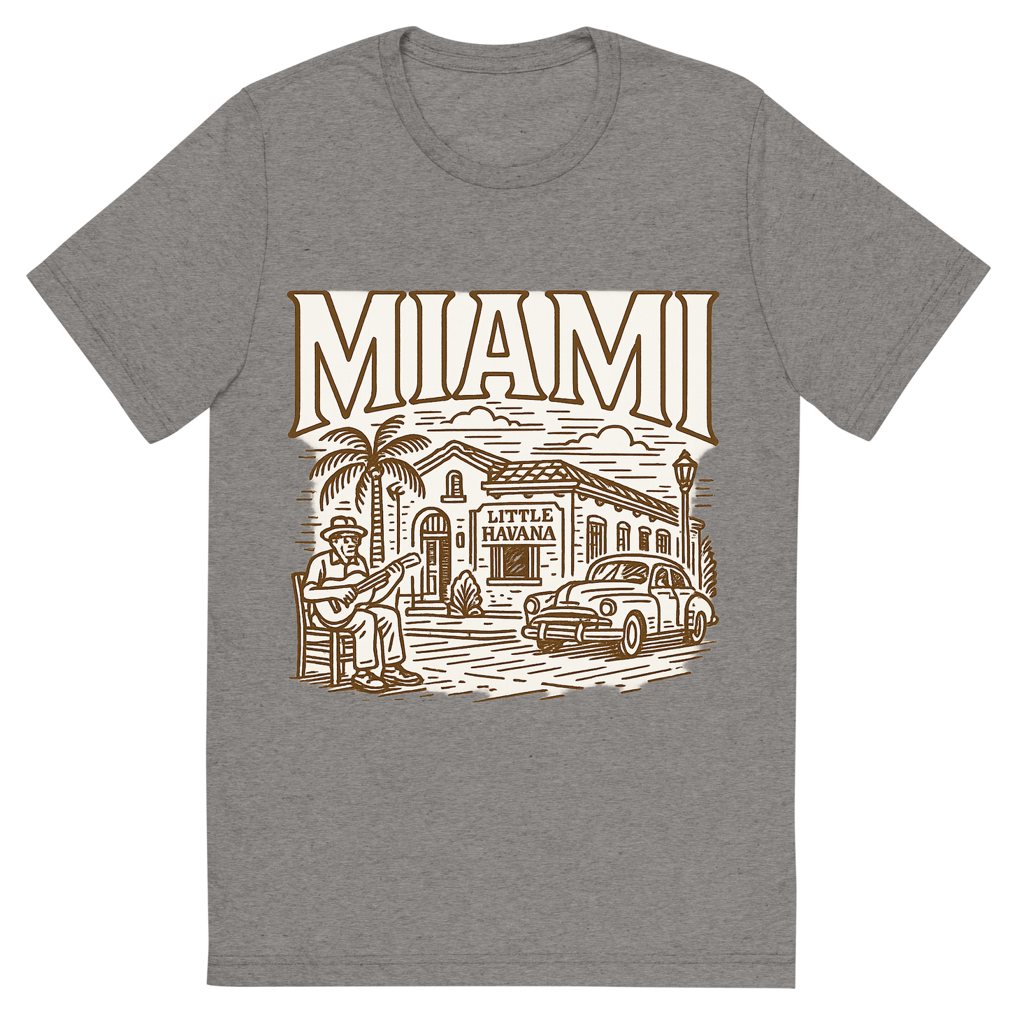 Front view of a Premium Tri-Blend Crew Neck T-Shirt in Grey showing 'A typographic, nostalgic graphic of a typographic illustration of the words 'miami' with a vintage line art drawing of little havana'