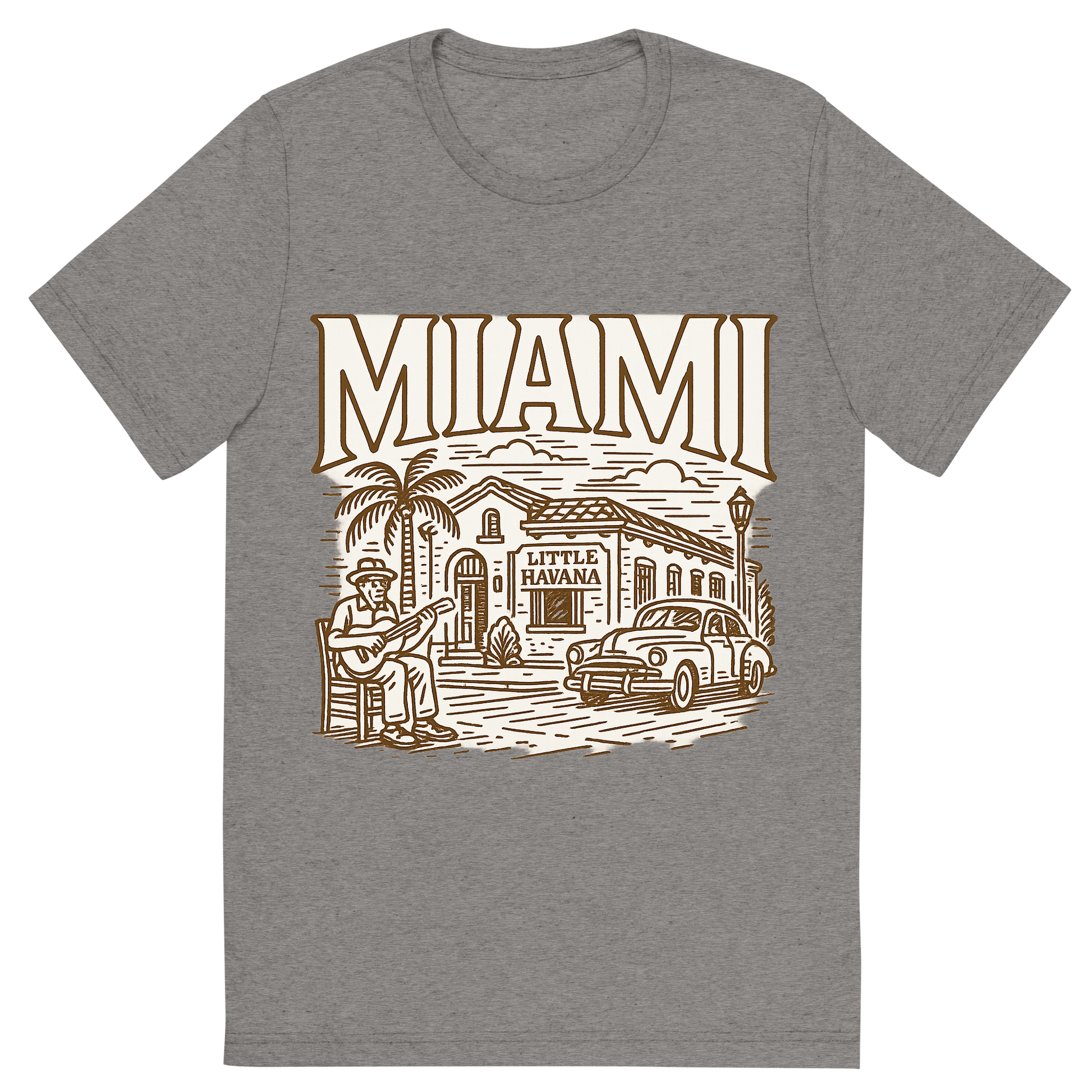 Front view of a Premium Tri-Blend Crew Neck T-Shirt in Grey showing 'A typographic, nostalgic graphic of a typographic illustration of the words 'miami' with a vintage line art drawing of little havana'