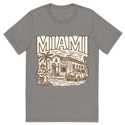 Front view of a Premium Tri-Blend Crew Neck T-Shirt in Grey showing 'A typographic, nostalgic graphic of a typographic illustration of the words 'miami' with a vintage line art drawing of little havana'
