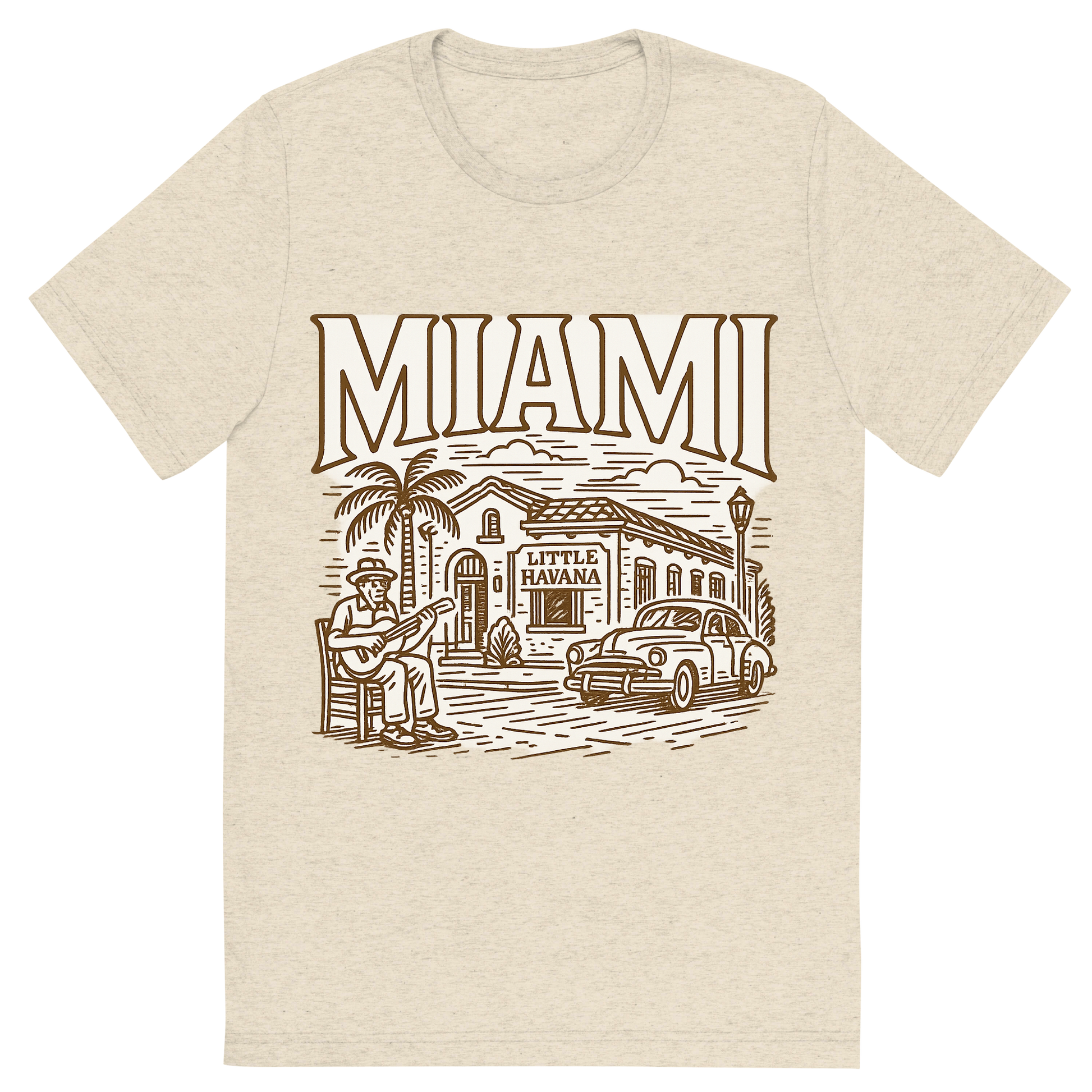 Front view of a Premium Tri-Blend Crew Neck T-Shirt in Oatmeal showing 'A typographic, nostalgic graphic of a typographic illustration of the words 'miami' with a vintage line art drawing of little havana'