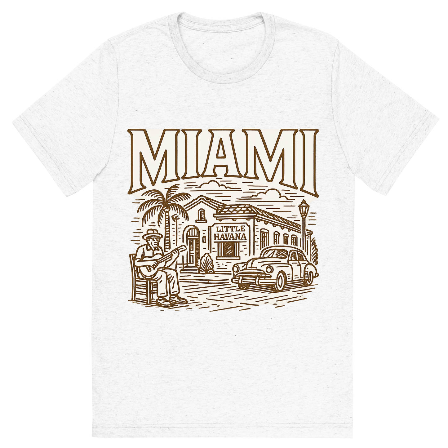 Front view of a Premium Tri-Blend Crew Neck T-Shirt in Solid White showing 'A typographic, nostalgic graphic of a typographic illustration of the words 'miami' with a vintage line art drawing of little havana'