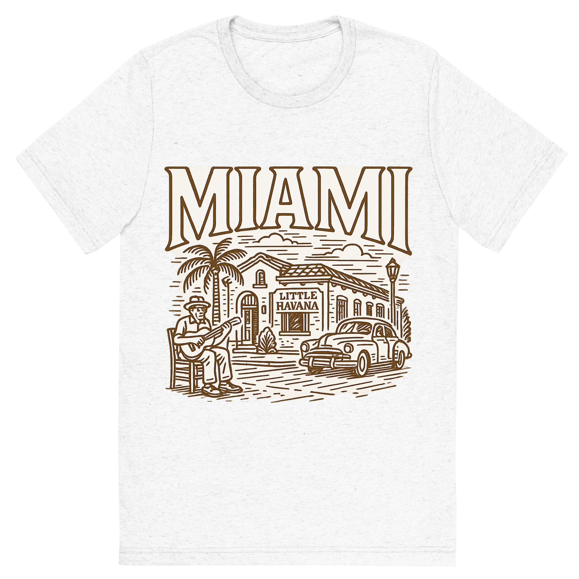 Front view of a Premium Tri-Blend Crew Neck T-Shirt in Solid White showing 'A typographic, nostalgic graphic of a typographic illustration of the words 'miami' with a vintage line art drawing of little havana'
