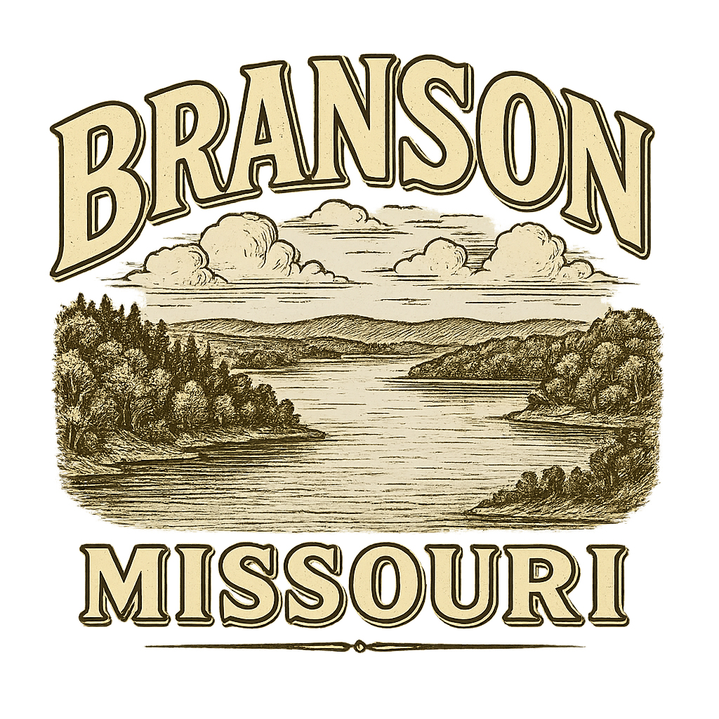 A typographic, nostalgic graphic of a typographic illustration of the words 'branson, missouri' with a vintage line art drawing of the table rock lake – a t-shirt design
