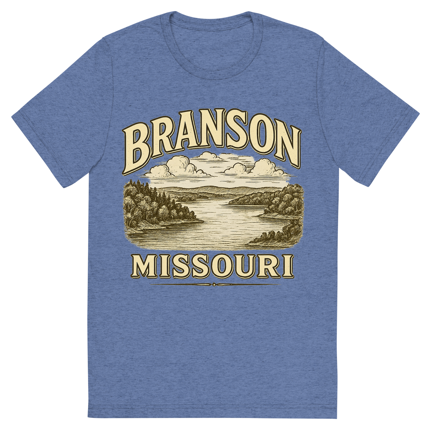 Front view of a Premium Tri-Blend Crew Neck T-Shirt in Blue showing 'A typographic, nostalgic graphic of a typographic illustration of the words 'branson, missouri' with a vintage line art drawing of the table rock lake'