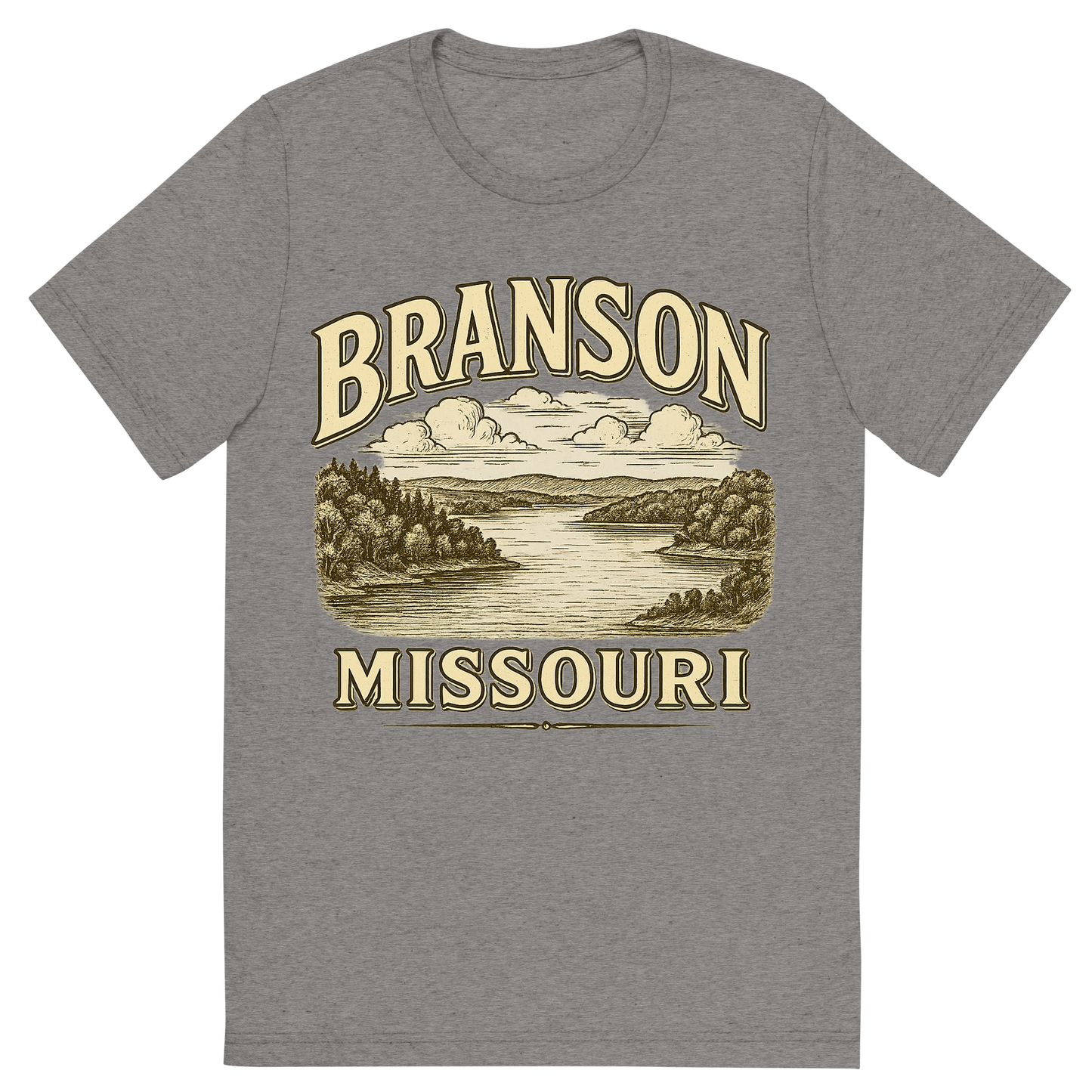 Front view of a Premium Tri-Blend Crew Neck T-Shirt in Grey showing 'A typographic, nostalgic graphic of a typographic illustration of the words 'branson, missouri' with a vintage line art drawing of the table rock lake'