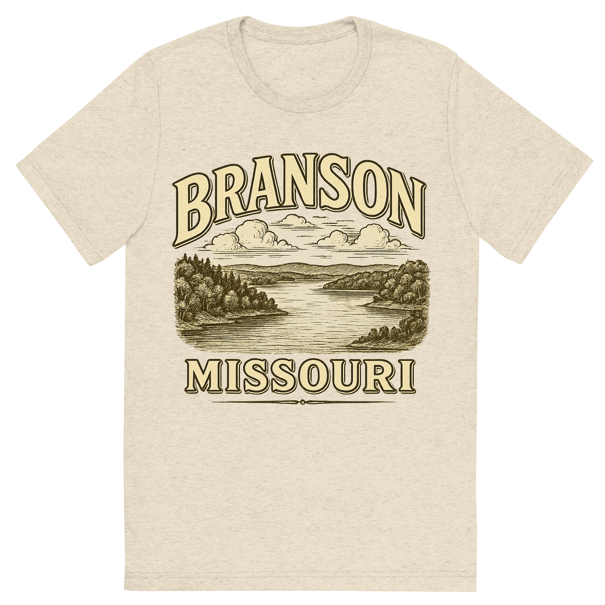 Front view of a Premium Tri-Blend Crew Neck T-Shirt in Oatmeal showing 'A typographic, nostalgic graphic of a typographic illustration of the words 'branson, missouri' with a vintage line art drawing of the table rock lake'