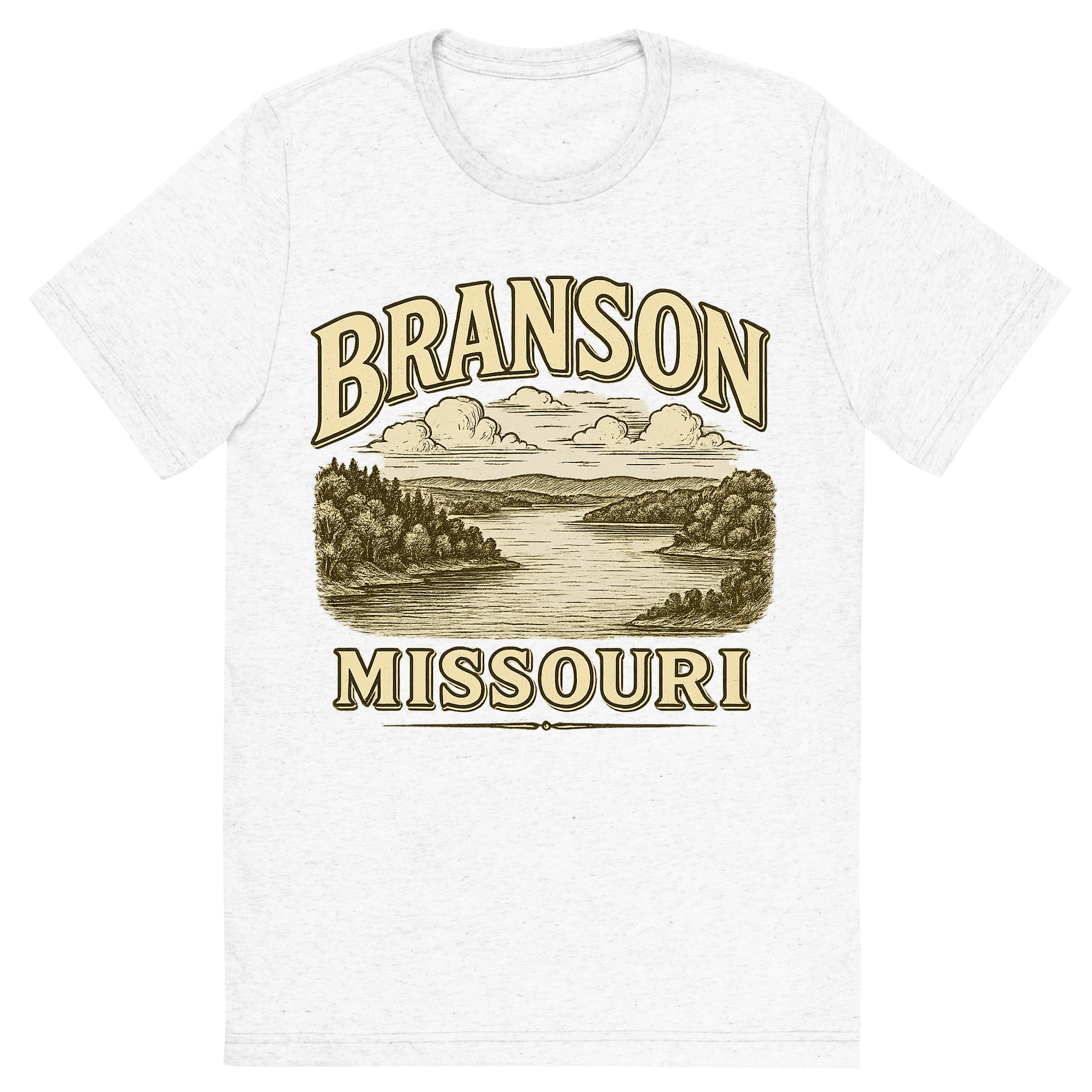 Front view of a Premium Tri-Blend Crew Neck T-Shirt in Solid White showing 'A typographic, nostalgic graphic of a typographic illustration of the words 'branson, missouri' with a vintage line art drawing of the table rock lake'