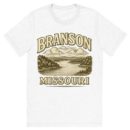 Front view of a Premium Tri-Blend Crew Neck T-Shirt in Solid White showing 'A typographic, nostalgic graphic of a typographic illustration of the words 'branson, missouri' with a vintage line art drawing of the table rock lake'