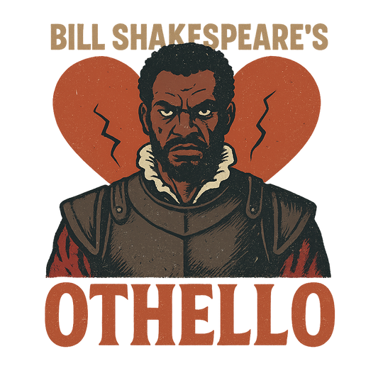 A retro, edgy graphic of a visual representation of a key theme and character from william shakespeare's othello – a t-shirt design
