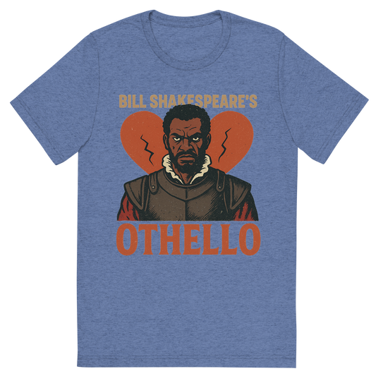 Front view of a Premium Tri-Blend Crew Neck T-Shirt in Blue showing 'A retro, edgy graphic of a visual representation of a key theme and character from william shakespeare's othello'