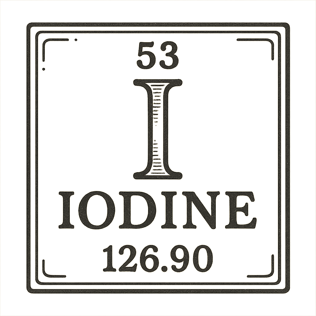 A line art, nostalgic graphic of iodine's entry on the periodic table, use a dark color for the lines and text – a t-shirt design