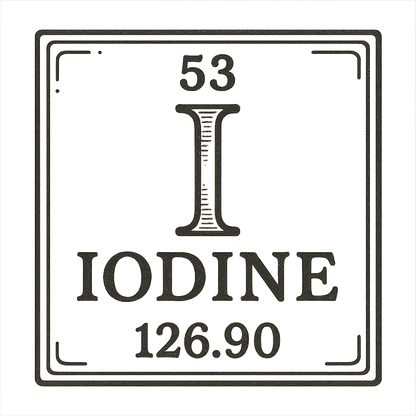 A line art, nostalgic graphic of iodine's entry on the periodic table, use a dark color for the lines and text – a t-shirt design