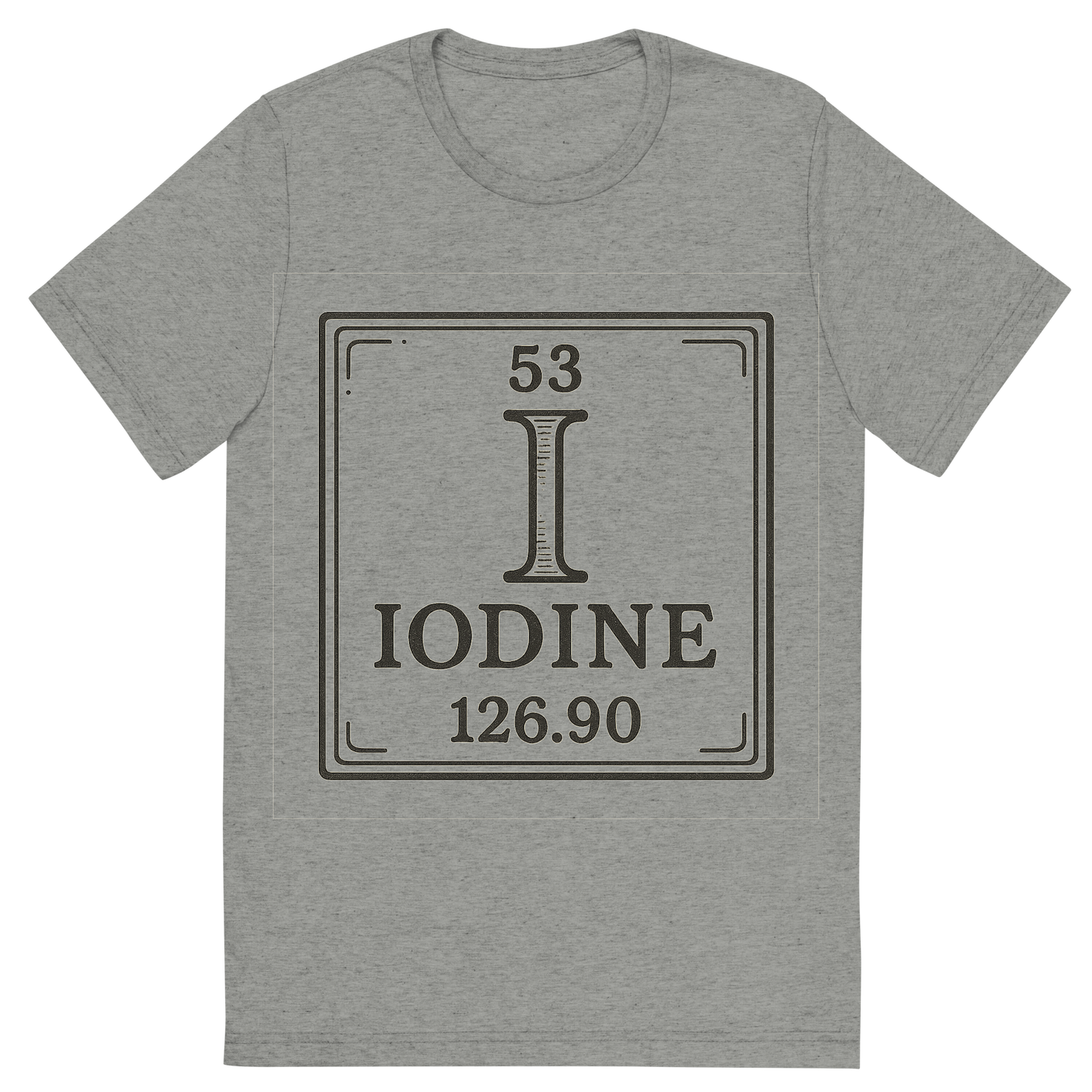 Front view of a Premium Tri-Blend Crew Neck T-Shirt in Athletic Grey showing 'A line art, nostalgic graphic of iodine's entry on the periodic table, use a dark color for the lines and text'