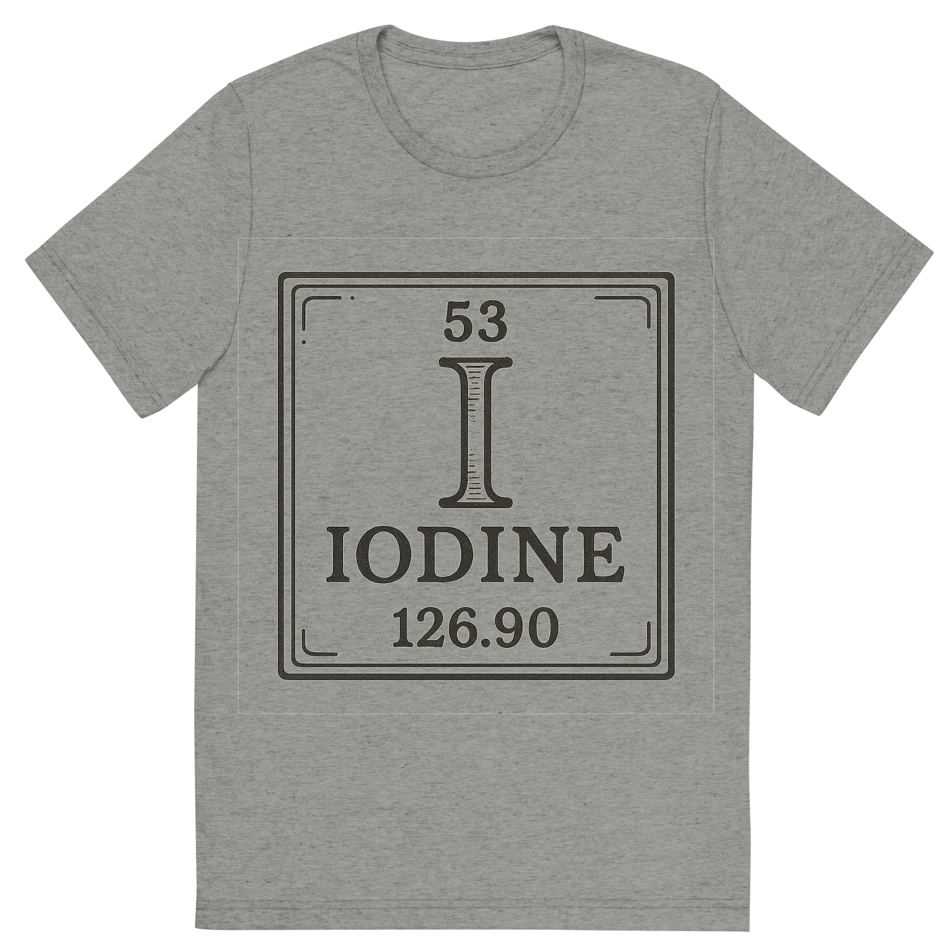 Front view of a Premium Tri-Blend Crew Neck T-Shirt in Athletic Grey showing 'A line art, nostalgic graphic of iodine's entry on the periodic table, use a dark color for the lines and text'