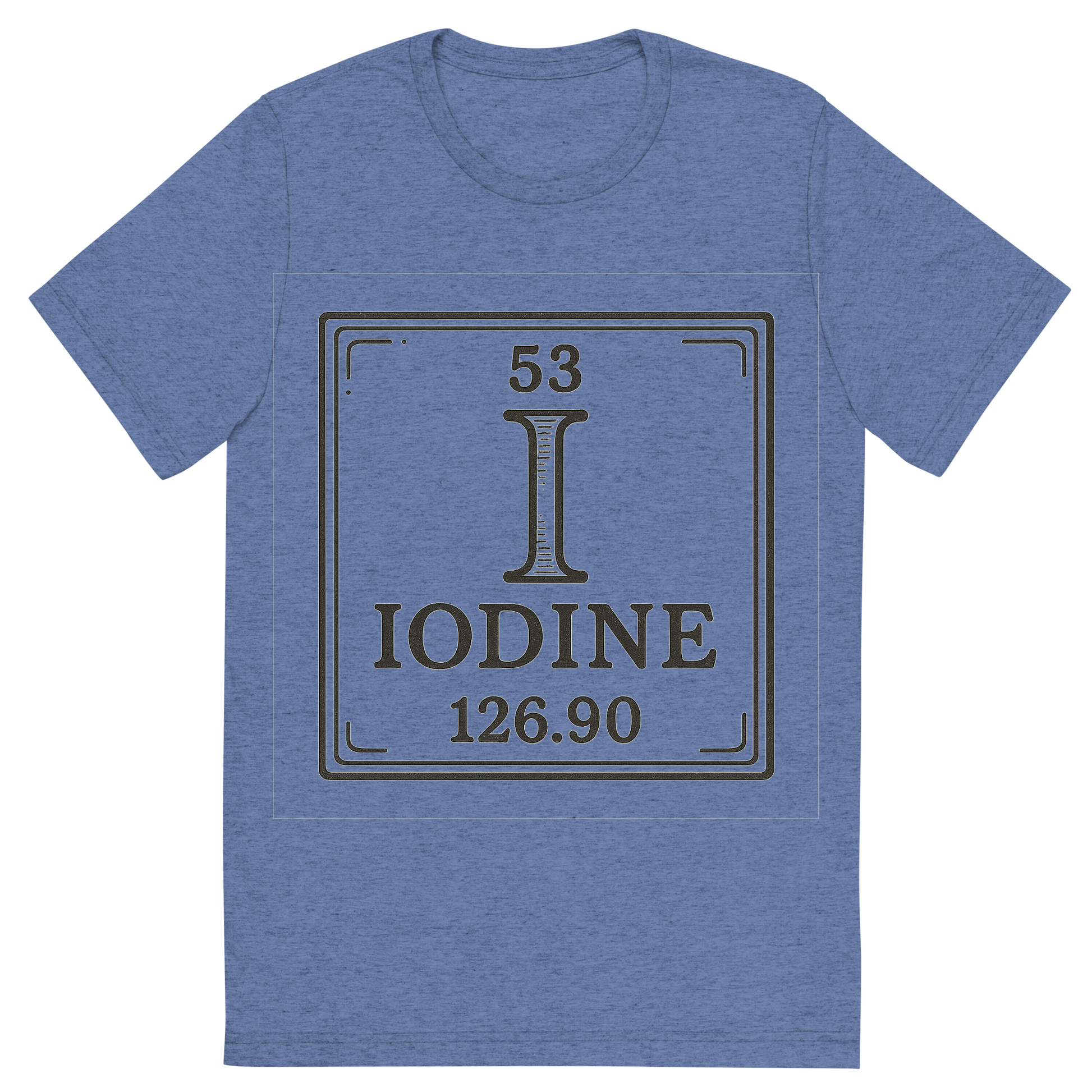 Front view of a Premium Tri-Blend Crew Neck T-Shirt in Blue showing 'A line art, nostalgic graphic of iodine's entry on the periodic table, use a dark color for the lines and text'