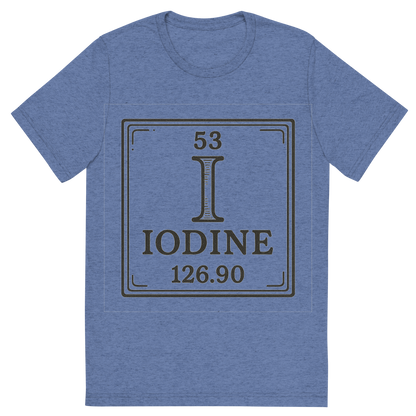 Front view of a Premium Tri-Blend Crew Neck T-Shirt in Blue showing 'A line art, nostalgic graphic of iodine's entry on the periodic table, use a dark color for the lines and text'