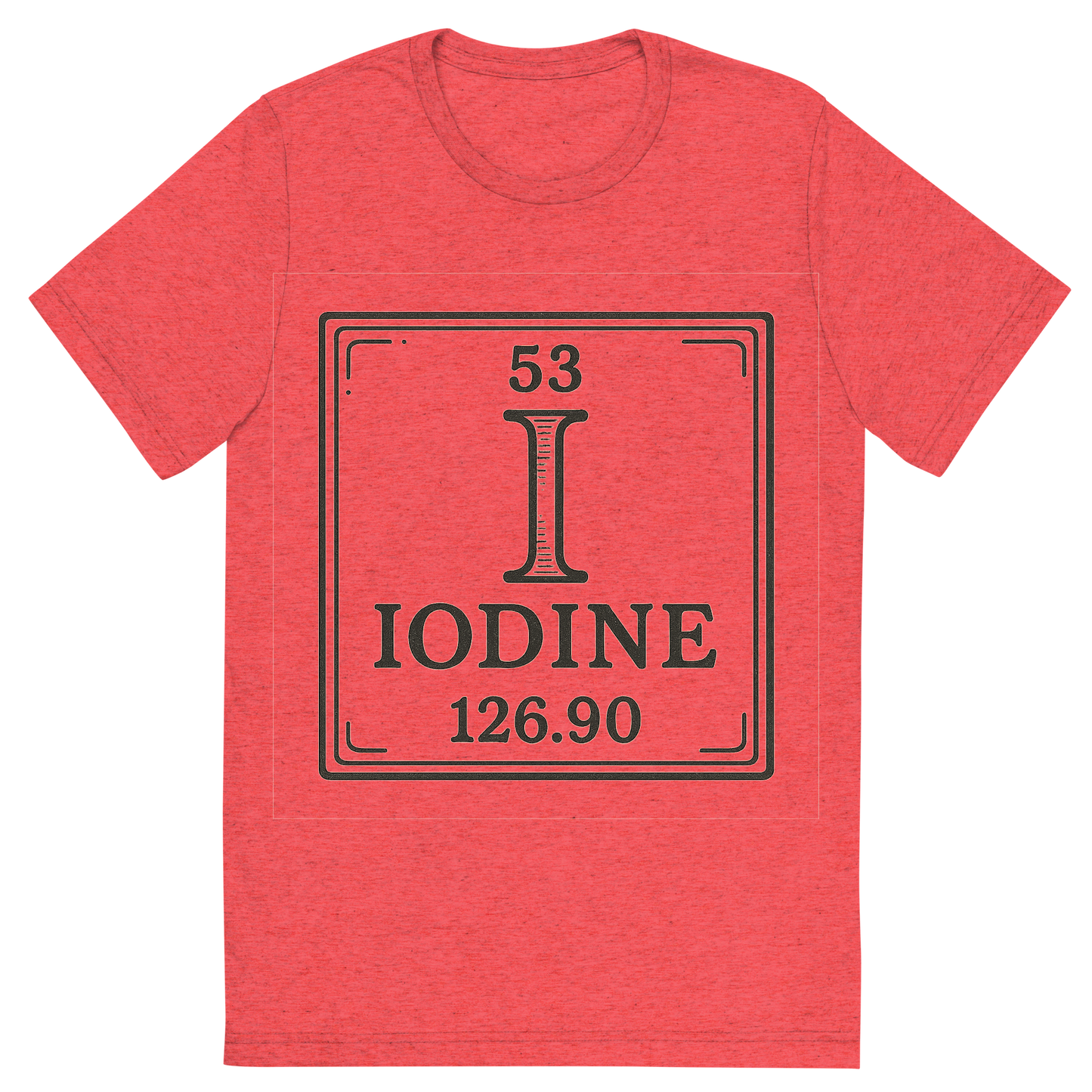 Front view of a Premium Tri-Blend Crew Neck T-Shirt in Red showing 'A line art, nostalgic graphic of iodine's entry on the periodic table, use a dark color for the lines and text'