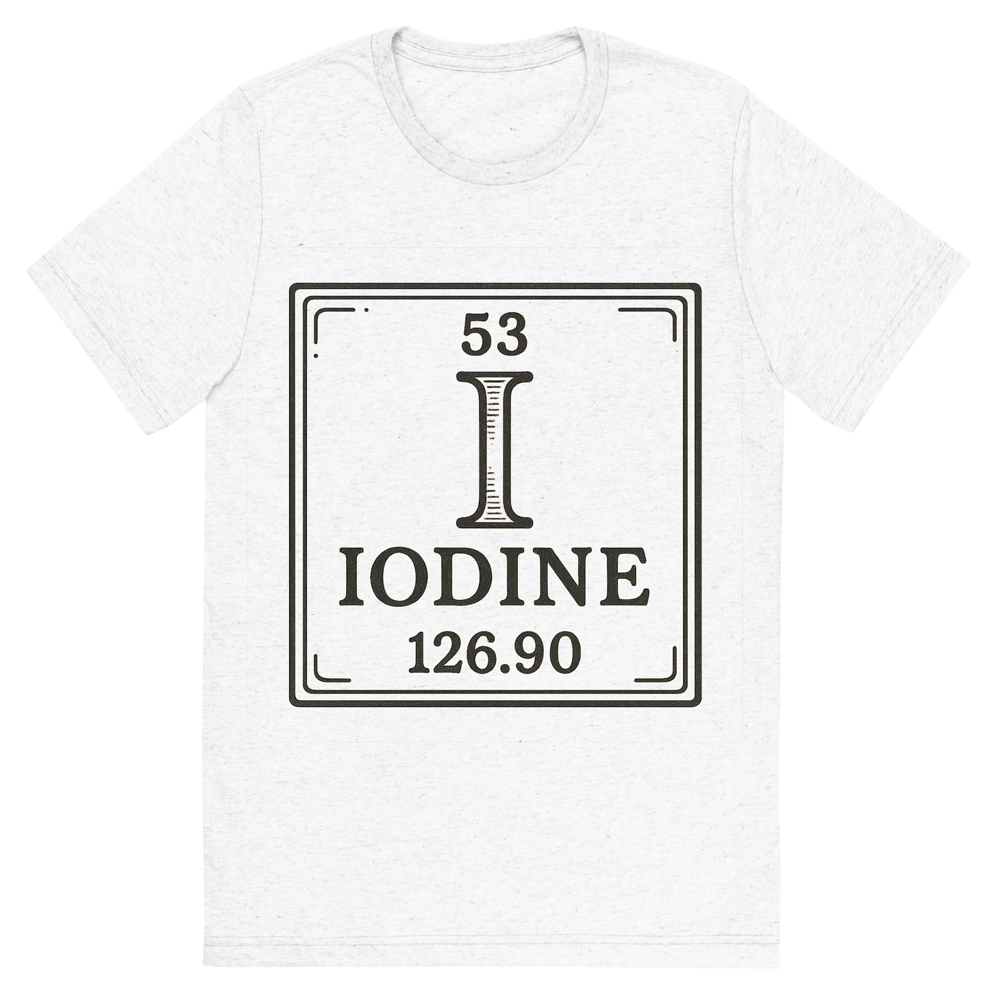 Front view of a Premium Tri-Blend Crew Neck T-Shirt in Solid White showing 'A line art, nostalgic graphic of iodine's entry on the periodic table, use a dark color for the lines and text'