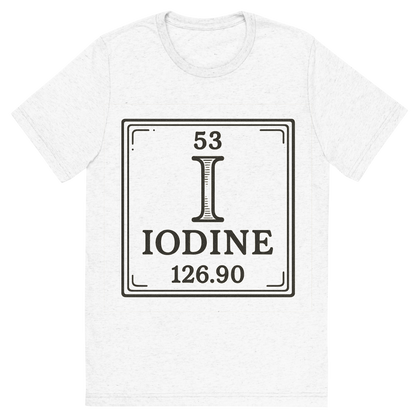 Front view of a Premium Tri-Blend Crew Neck T-Shirt in Solid White showing 'A line art, nostalgic graphic of iodine's entry on the periodic table, use a dark color for the lines and text'