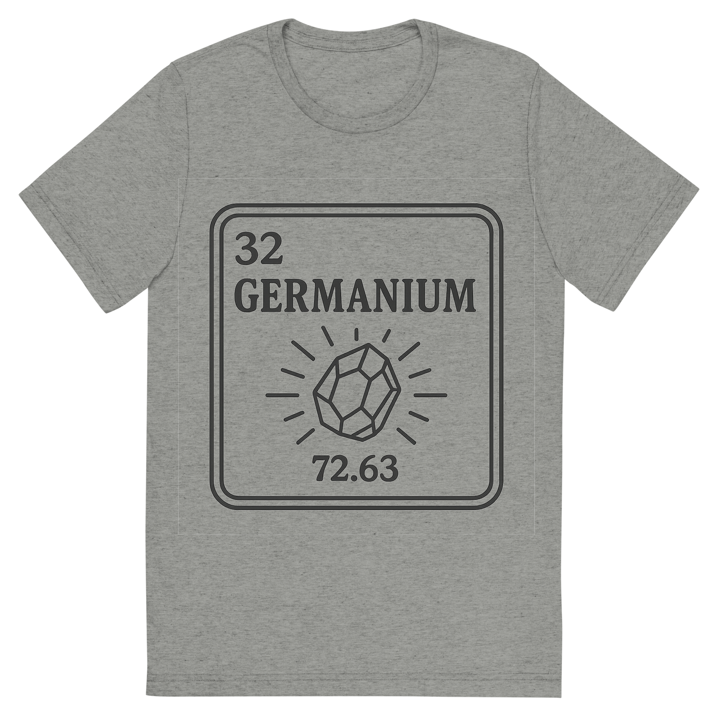 Front view of a Premium Tri-Blend Crew Neck T-Shirt in Athletic Grey showing 'A line art, nostalgic graphic of germanium's entry on the periodic table, use a dark color for the lines and text'