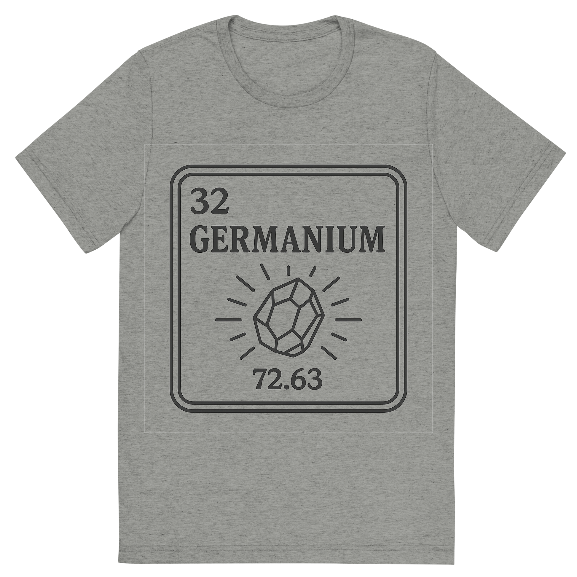 Front view of a Premium Tri-Blend Crew Neck T-Shirt in Athletic Grey showing 'A line art, nostalgic graphic of germanium's entry on the periodic table, use a dark color for the lines and text'