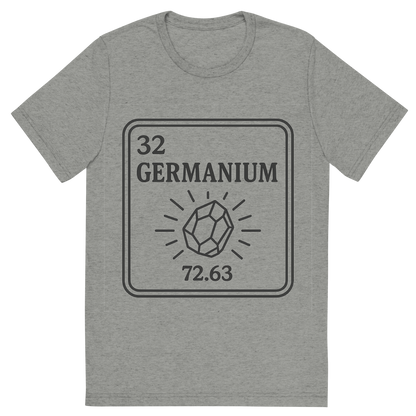 Front view of a Premium Tri-Blend Crew Neck T-Shirt in Athletic Grey showing 'A line art, nostalgic graphic of germanium's entry on the periodic table, use a dark color for the lines and text'